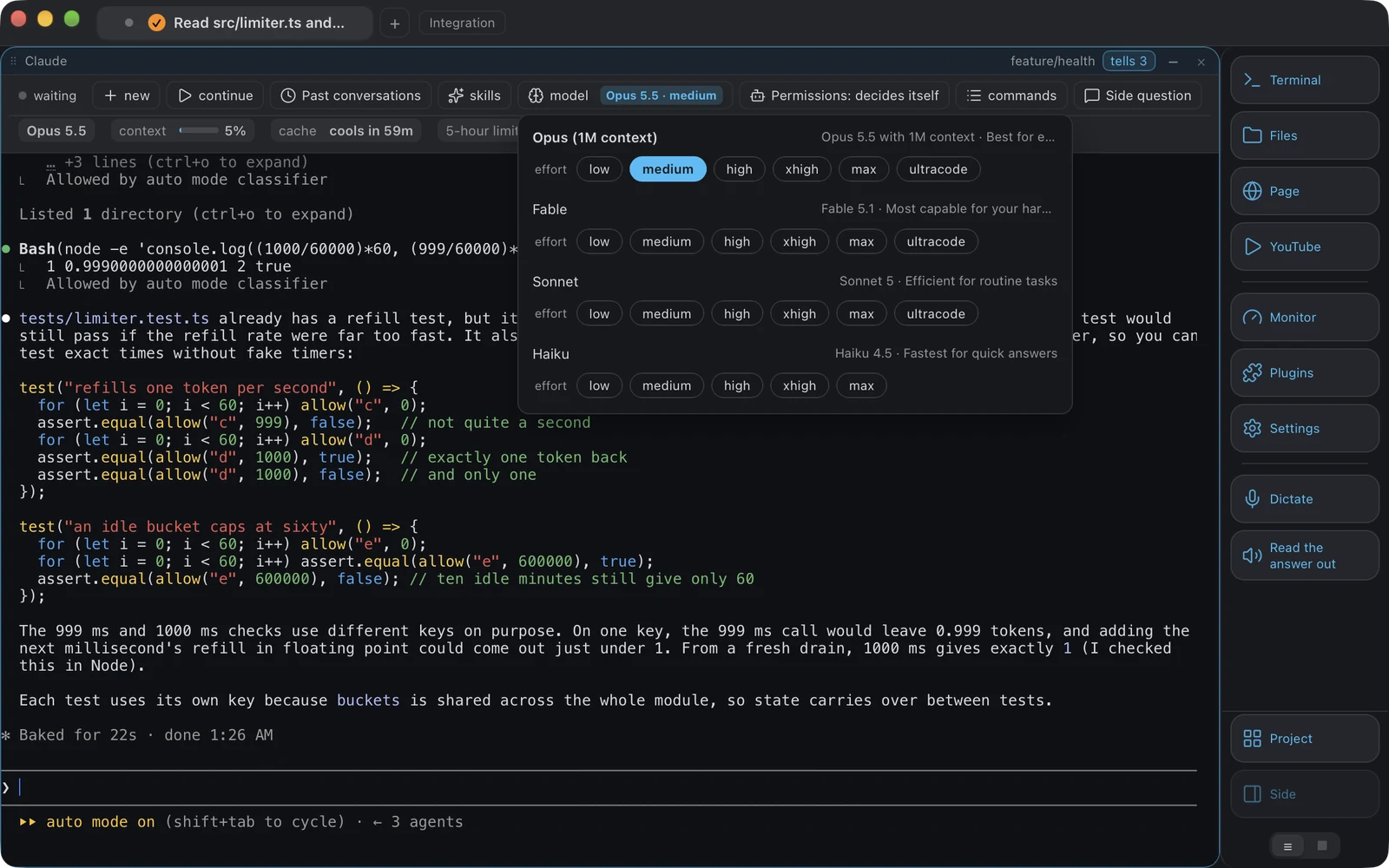 A Claude Code block filling the window with the control bar above it and its model menu open: Opus 5.5 at medium effort selected, Fable, Sonnet and Haiku below with their effort levels, over an answer about testing the rate limiter