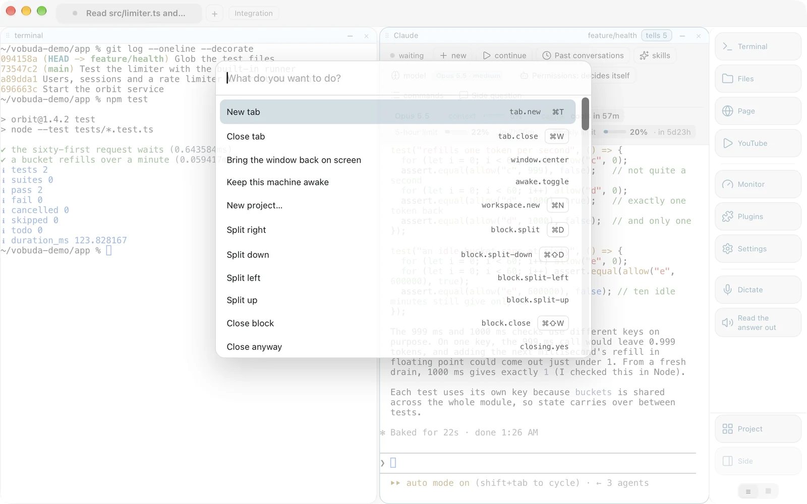 The command list open over a terminal and a Claude Code block: New tab, Close tab, Keep this machine awake, the splits and Close block, each with its action name and shortcut, and a field on top to narrow the list
