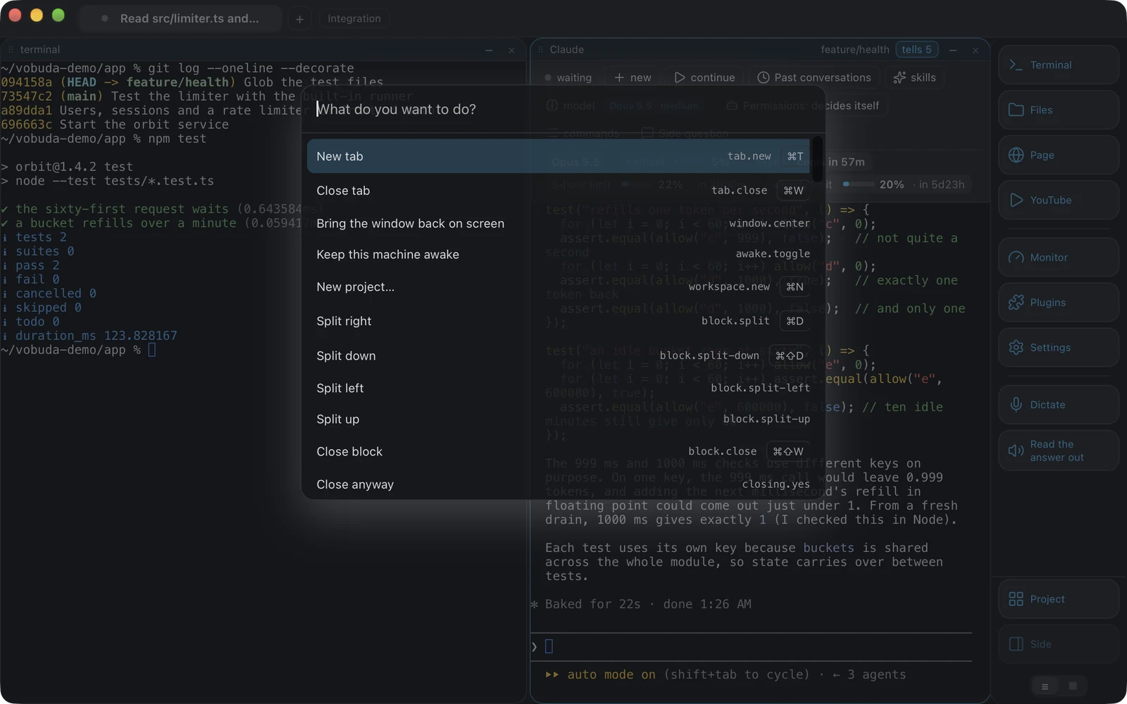 The command list open over a terminal and a Claude Code block: New tab, Close tab, Keep this machine awake, the splits and Close block, each with its action name and shortcut, and a field on top to narrow the list