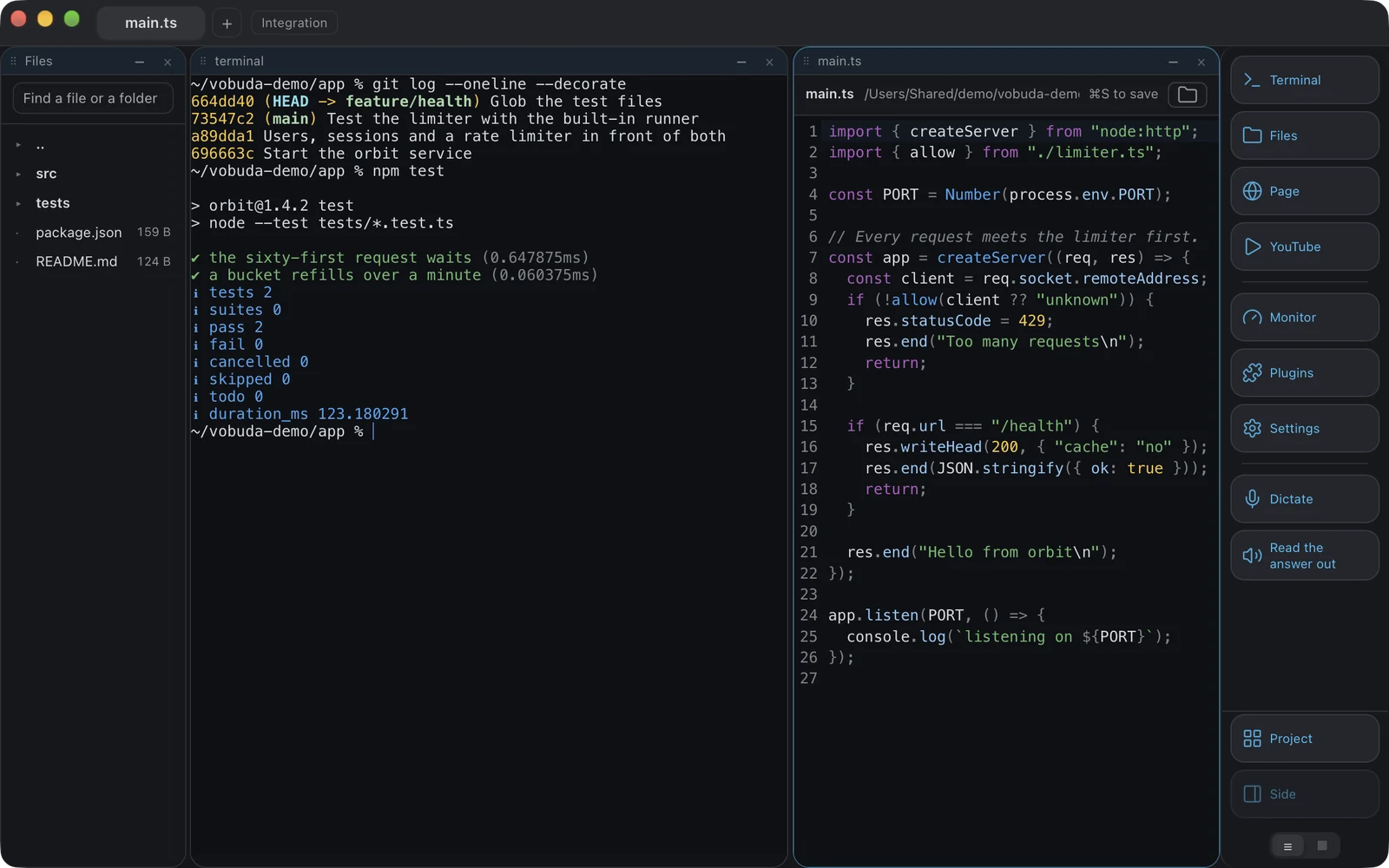 src/main.ts open in the editor beside a terminal block with a passing test run, and the files panel listing the project's folders and files with their sizes