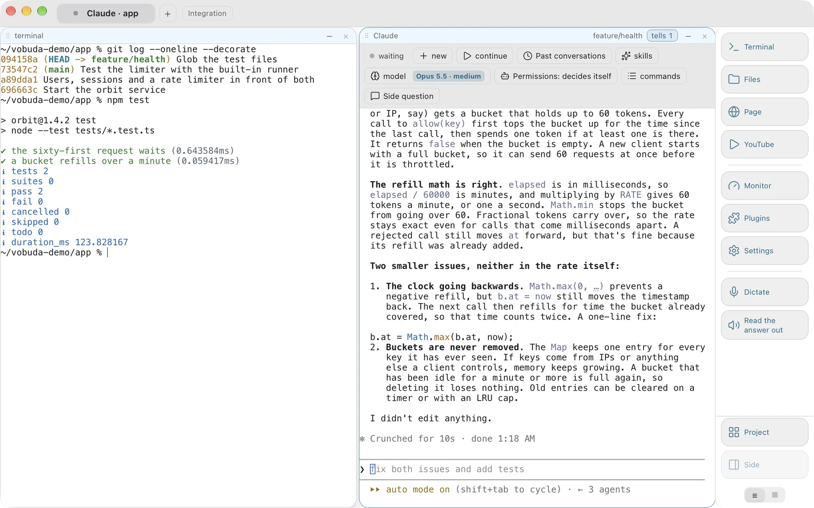 The Vobuda window: a tab strip with the Integration button, a terminal block that has just run git log and a passing test run, a Claude Code block with its control bar explaining the rate limiter, and the dock with Plugins along the right edge