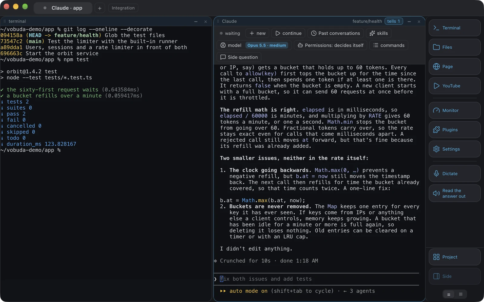 The Vobuda window: a tab strip with the Integration button, a terminal block that has just run git log and a passing test run, a Claude Code block with its control bar explaining the rate limiter, and the dock with Plugins along the right edge