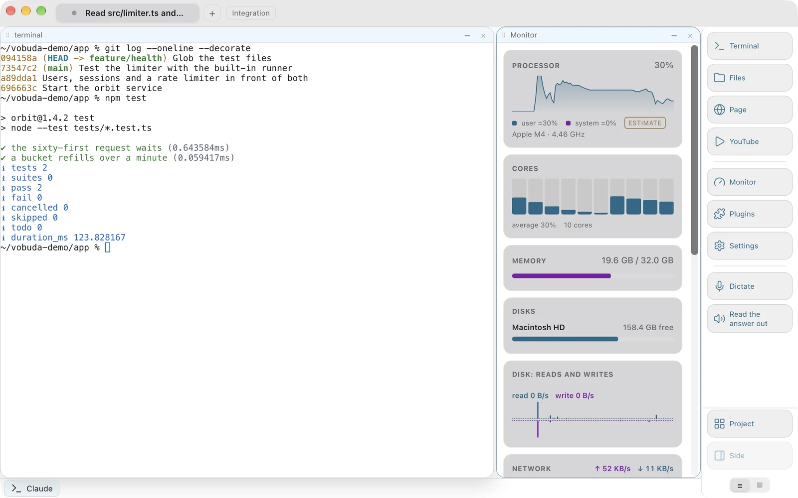 The system monitor in a block beside a terminal: processor load with its history, every core, memory in use, free space on the startup disk, disk reads and writes, and network traffic