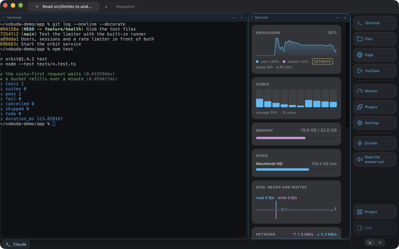 The system monitor in a block beside a terminal: processor load with its history, every core, memory in use, free space on the startup disk, disk reads and writes, and network traffic